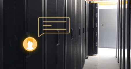Image of orange chat bot message icon over computer server room
