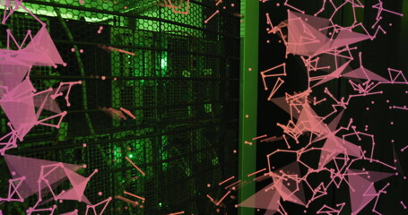 Image of pink communication networks floating over dark computer server room