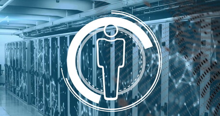 Image of circular scanner and person icon and networks over computer server room
