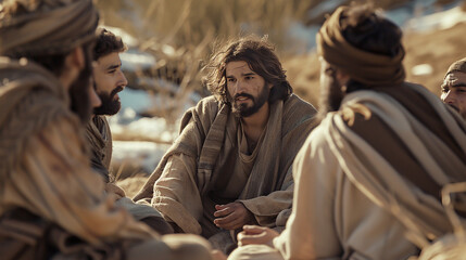 Obraz premium Jesus talking to his disciples, biblical times, photo realistic style.