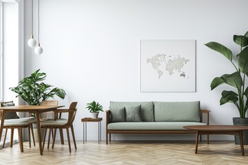 This is a stylish Scandinavian living room with a design mint sofa, furniture, a mock-up poster of a map, plants, and elegant personal accessories. Modern home decor with an open space adjoining a