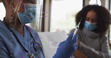 Image of data processing over biracial female doctor preparing vaccine