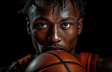 Focused basketball player holding the ball with intense gaze, showcasing determination and readiness for competition