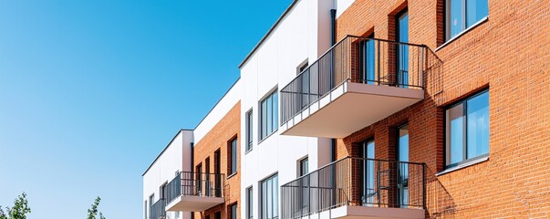 Obraz premium Modern residential building with balconies and large windows under clear blue sky, showcasing contemporary architecture.
