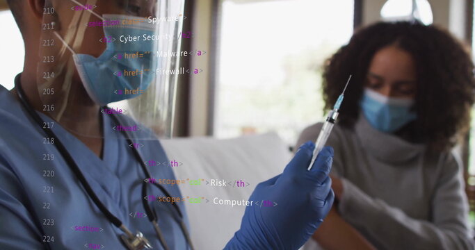 Image of data processing over biracial female doctor preparing vaccine