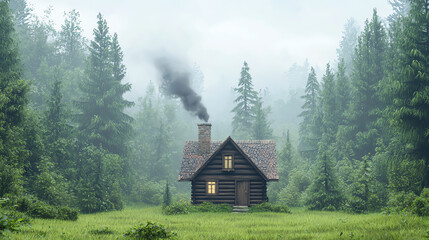 A serene cabin nestled in the forest, surrounded by tall trees and mist, with smoke wafting from the chimney, evoking tranquility.