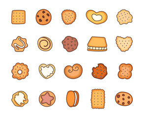 Tasty appetizing cookies. Sweet confectionery baking. Hand drawn style. Vector drawing. Collection of design elements.