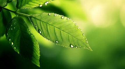 Close-up of a Green Leaf with Water Droplets,  A Natural Abstract Background