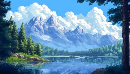 Naklejka premium A digital illustration of beautiful a pixel art landscape