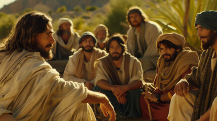 Jesus talking to his disciples, biblical times, photo realistic style.
