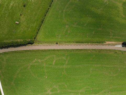 Aerial view of lush green fields and a winding road in the serene countryside, Perrigny-sur-Armancon, France.