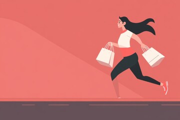 Fototapeta premium Fashion concept, cheerful young lady carrying lots of shopping bags while walking through retail store, happiness and joy from buying discount products.