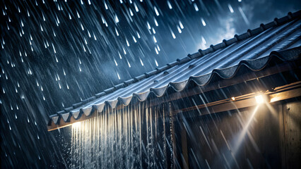 Fototapeta premium Rain falling on metal roof at night, water, raindrops, metal, roof, night, weather, precipitation, atmospheric, soothing