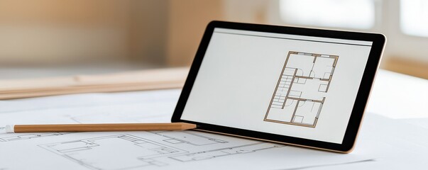 Digital tablet displaying architectural plan overlaid on pencil sketch, representing modern design and construction ideas.