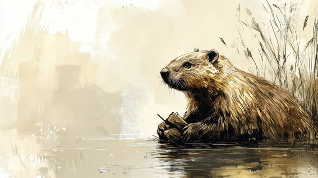 Whimsical Beaver Sketch Artistic Wildlife Portrait with Copy Space