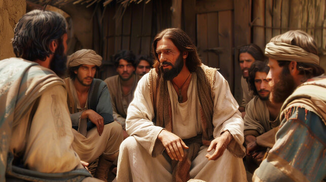 Jesus talking to his disciples, biblical times, photo realistic style.