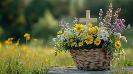 Christian cross and meadow flowers in wicker basket on table, natural background. Herbal consecration - traditional customs of August 15, day of the Assumption of Mary, generative ai