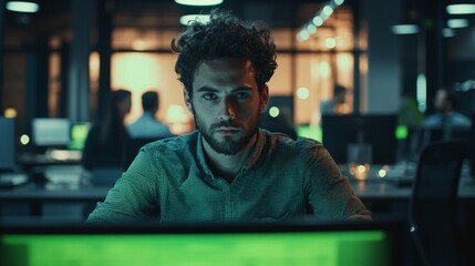 A young, handsome specialist works on a desktop computer with a green screen mock-up display in a busy creative office with colleagues. A male manager is wearing a casual black jumper.