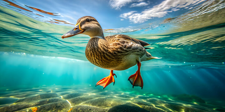 Underwater view of duck's webbed feet paddling gracefully on the water surface, duck, webbed feet, underwater, paddling, wildlife