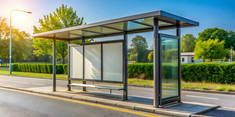 Fototapeta premium Empty bus shelter with clear glass panel in vibrant suburban area, ideal for local business ads