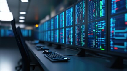 Futuristic data analysis control room with a large screen displaying complex data visualizations and high tech monitoring systems  Advanced technology and digital information processing