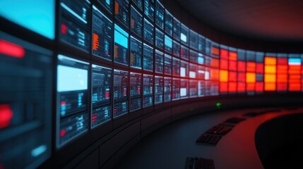 Sophisticated data analysis and monitoring system in a high tech control room featuring advanced AI powered analytics and data visualization tools to deliver comprehensive insights and intelligence