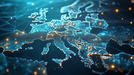 Fototapeta premium Global internet-connected communication technology in Europe. European connection lines for data transport and telecommunication. Blockchain, business, finance, IoT, and security. 