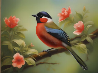  An elegant painting of a bird on a branch with lush flowers, reflecting the peaceful coexistence of wildlife and flora. generated ai