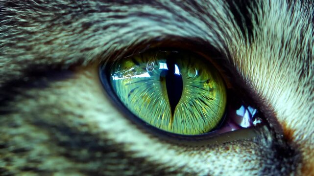 Cat eye detail with slit pupil and vivid green iris in ultra closeup
