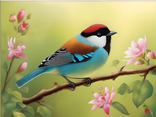  An elegant painting of a bird on a branch with lush flowers, reflecting the peaceful coexistence of wildlife and flora. generated ai