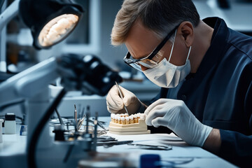 A dental technician in protective gear, including gloves, mask, and goggles, meticulously works on a dental model in a lab setting equipped with various dental tools and equipment.