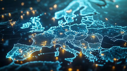 Obraz premium Global internet-connected communication technology in Europe. European connection lines for data transport and telecommunication. Blockchain, business, finance, IoT, and security. 