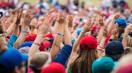 Cheering Crowd, Excitement and Energy at a Motorsport Grand Prix Event with Hands Raised