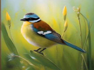  An elegant painting of a bird on a branch with lush flowers, reflecting the peaceful coexistence of wildlife and flora. generated ai