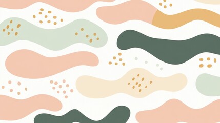 A colorful abstract pattern featuring wavy shapes and dots in soft pastel colors.