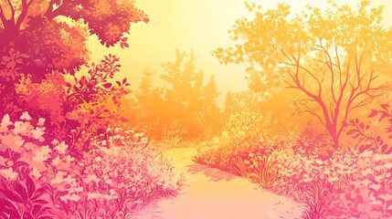 A watercolor illustration of a path through a lush forest with yellow and pink hues.