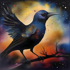  An elegant painting of a bird on a branch with lush flowers, reflecting the peaceful coexistence of wildlife and flora. generated ai