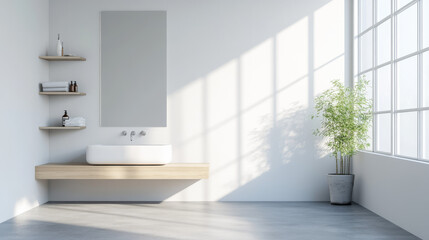 A bright, modern bathroom with a sink, mirror, and a wooden shelf. The concrete floor is clean.