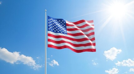 Naklejka premium American Flag Waving in Blue Sky with Clouds