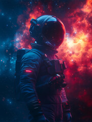 A detailed astronaut standing in space, surrounded by vibrant galaxies and stars. 