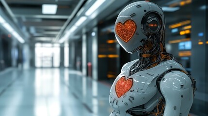 Fototapeta premium Empathetic Robot Offering Heart, Symbolizing Growing Emotional Connection and AI Evolution.