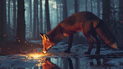 A curious fox sniffing at a strange, glowing object in the middle of a quiet forest, with the moonlight casting eerie shadows.