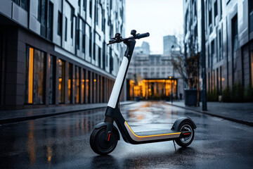 Electric scooter mockup displayed in a modern urban environment. The background features tall, contemporary buildings and a wet pavement reflecting the city's lights.