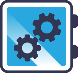 Blue smart sensor with two interlocking gears on screen, symbolizing technology and automation.