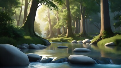 A serene forest scene with towering trees, sunlight streaming through the leaves, and a peaceful river flowing gently over smooth rocks, creating a calm and tranquil atmosphere