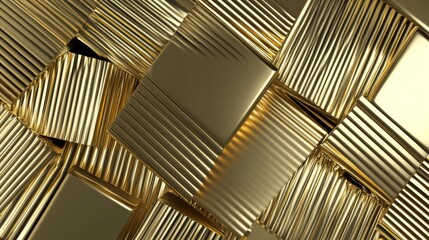 Fototapeta premium An arranged wall of gold tiles. A diamond-shaped, luxurious background created from 3D blocks.