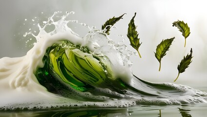Green leaves gently falling into clear water, creating ripples and a serene natural scene.