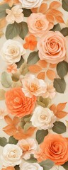 A beautiful floral pattern featuring soft peach and white roses, complemented by delicate green leaves for an elegant backdrop.