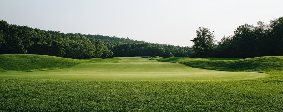 A serene golf course landscape featuring lush green grass and gentle hills under a clear sky, ideal for relaxation and sports.