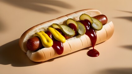 Hot dog topped with ketchup and pickles, perfect for summer barbecues and casual dining.